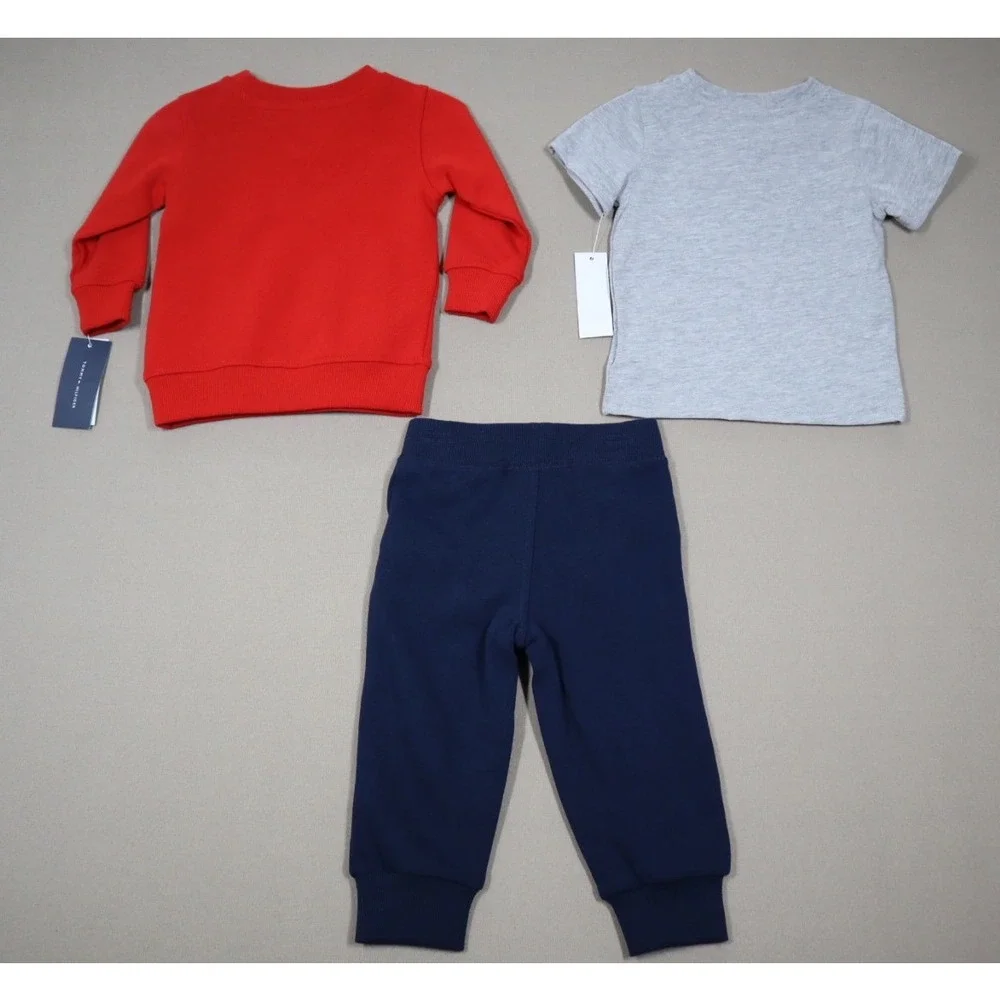 Tommy Hilfiger Baby Boys Basic Tshirt Fleece Crewneck and Joggers 3 Pc Set - Red